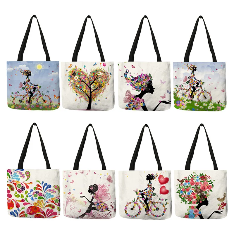 

ing Girl Print Linen Reusable Shopping Bags Women Large Tote Bags 2020 Fashion Handbags With Customized Printed