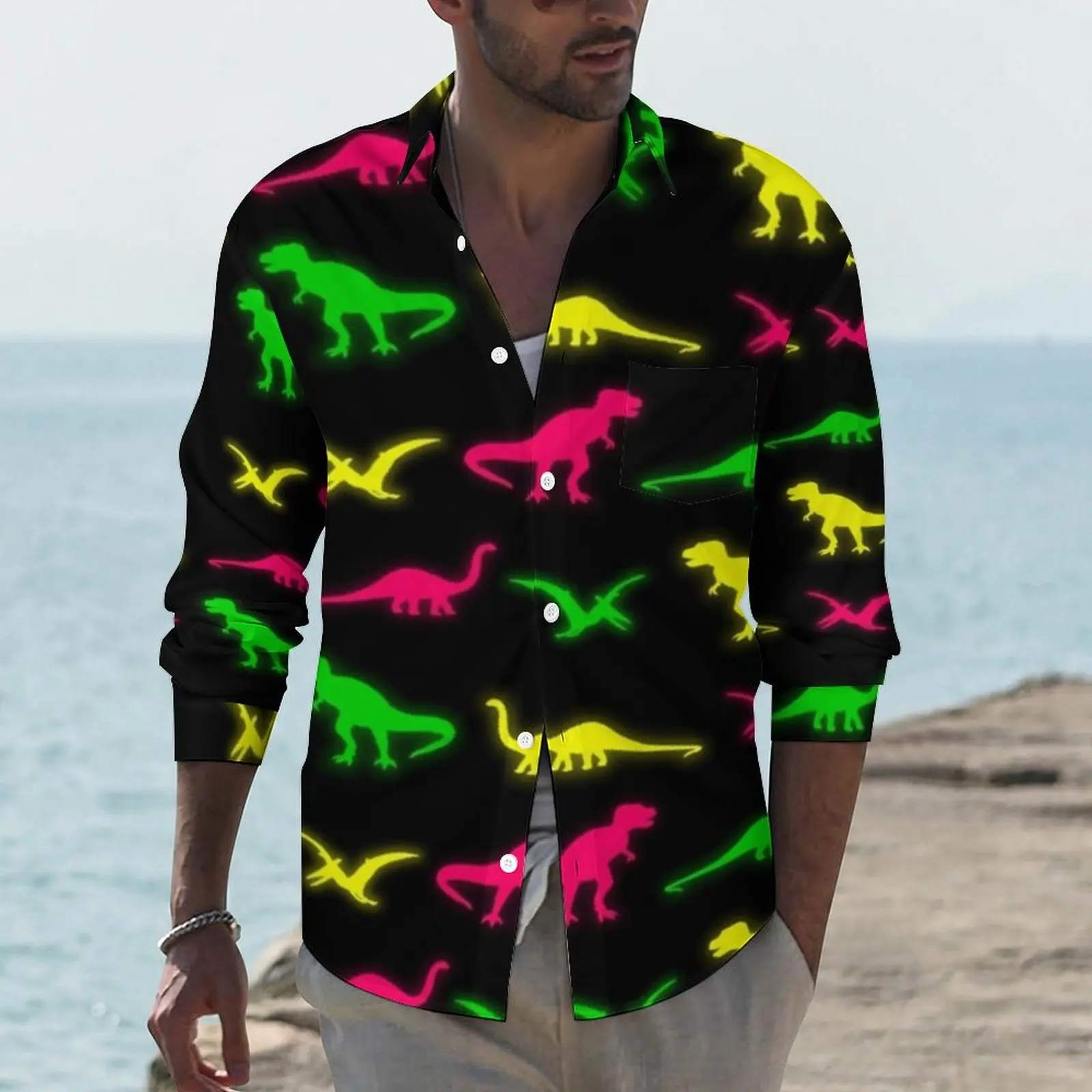 

Neon Dinosaurs Shirt Autumn Colorful Animal Pinrt Casual Shirts Man Vintage Blouses Long Sleeve Design Stylish Top Plus Size 4XL