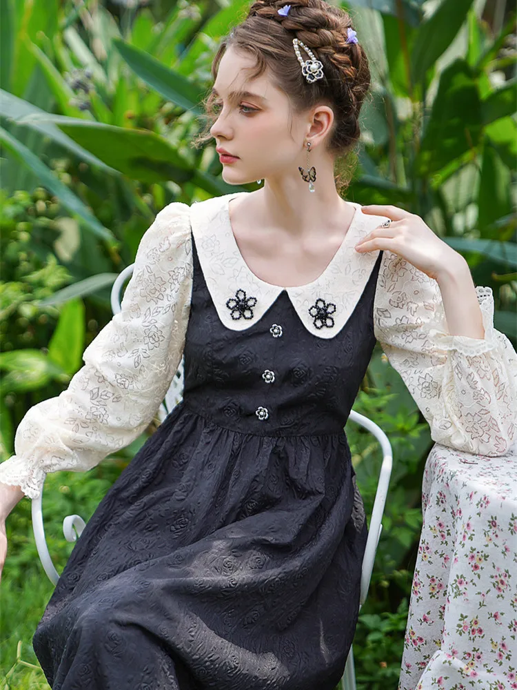 

AIGYPTOS Women Spring Fall Lace Long Sleeve Midi Dress Vintage Elegant Slim Embossed Rose Jacquard Hepburn's Little Black Dress