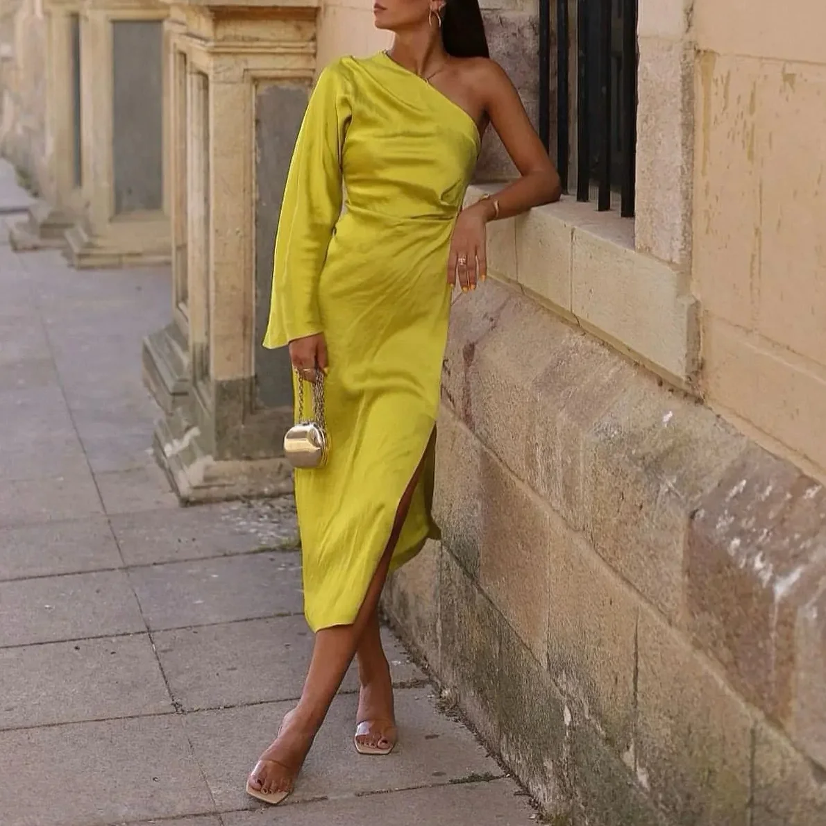 

Summer Dresses Woman 2022 Elegant Casual Lime Asymmetric Satin Midi Dress Long One Shoulder Long Flared Sleeve Classic Chic Folk