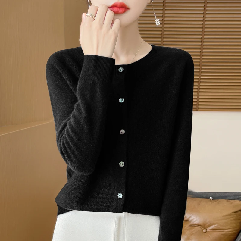 Бесшовный женский кардиган из 100% австралийской шерсти с круглым вырезом