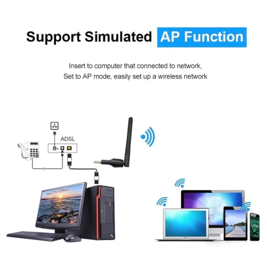 Фото 150 Мбит/с USB-адаптер Wi-Fi 2,4 ГГц с антенной MT7601 USB Беспроводная сетевая карта 802.11n/g/b Ethernet-ключ LAN ПК WiFi-приемник №3