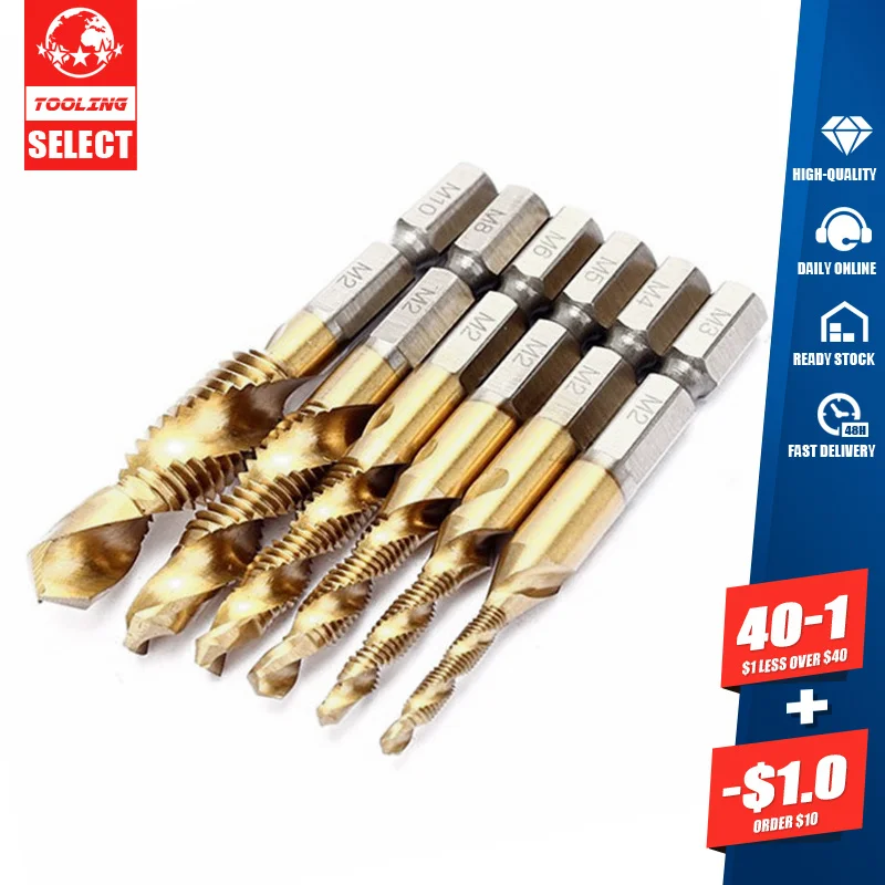 

6pcs M3 M4 M5 M6 M8 M10 Tap Drill Bits 6.35mm Hex Shank Machine Hand Taps Titanium Coated HSS Drilling Tap Thread Screw Tools