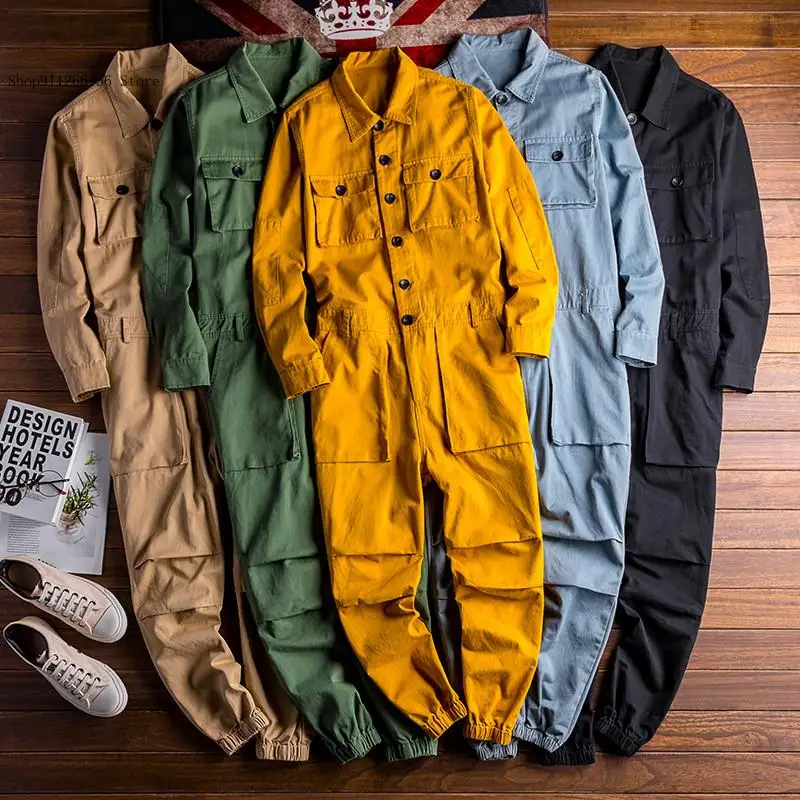 Men's Jumpsuit Loose Cargo Pants Green Black Freight Trousers Long Sleeve Lapel Beam Feet Cotton Overalls Hip Hop Streetwear | Мужская