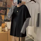 Футболка женская оверсайз в стиле Харадзюку, рубашка из двух предметов с имитацией двух частей, Свободный Топ в Корейском стиле, уличная одежда для пар, полосатая блузка