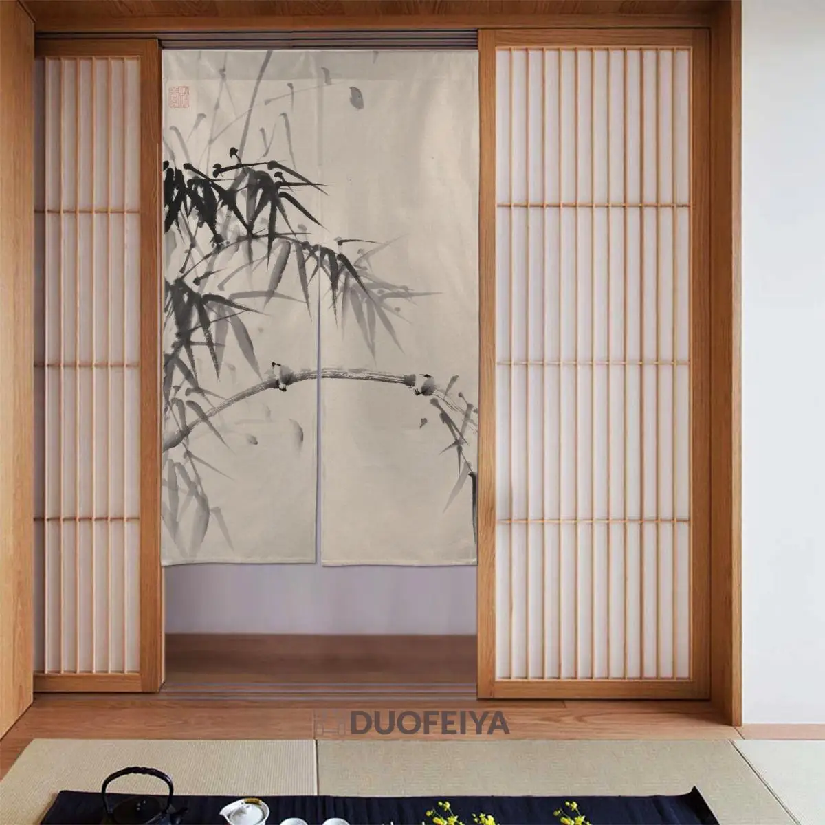 

Bamboo Japanese Door Curtains Ink Painting Separate Tapestry Cotton Linen Hanging Half Curtain for Entrance Living Room Gift