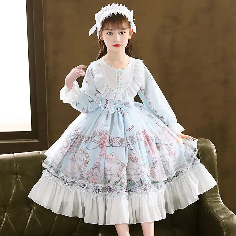 

Весеннее милое платье в стиле «лолита» для девочек, винтажное элегантное платье в викторианском стиле, готическом стиле с длинным рукавом и бантом, кружевное платье принцессы для чайной вечеринки, большого размера