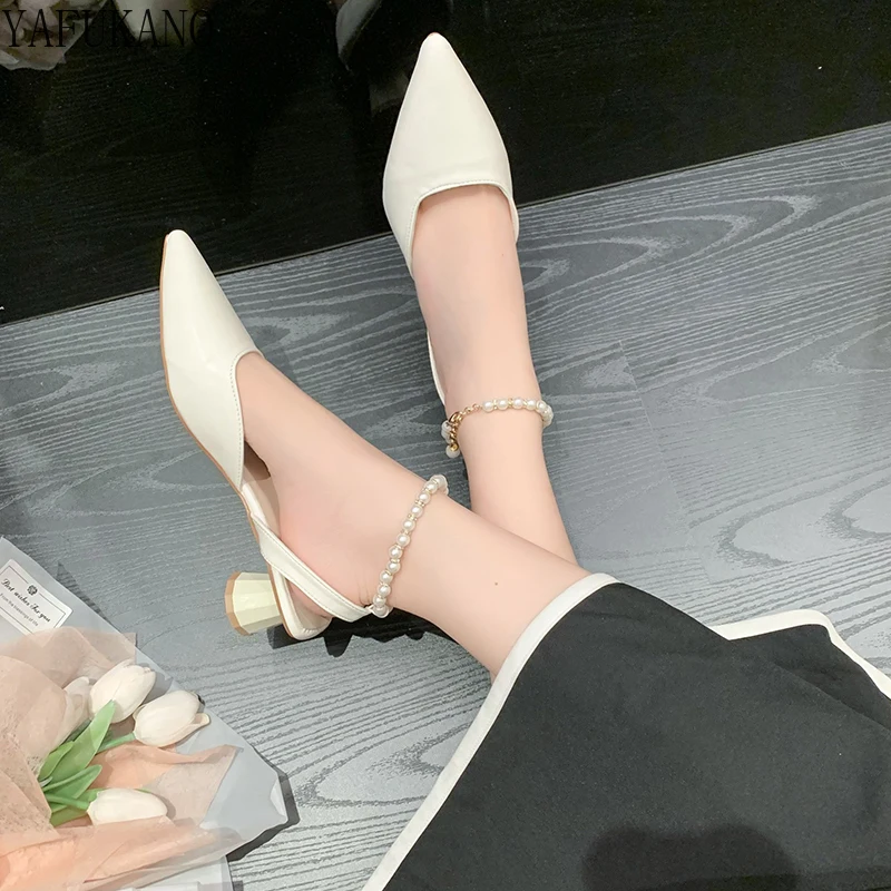 

Fairy Style French Baotou Sandals Womens 2022 New All-match Temperament High Heels Thick Heel Pearl Slingback Pumps Party Shoes