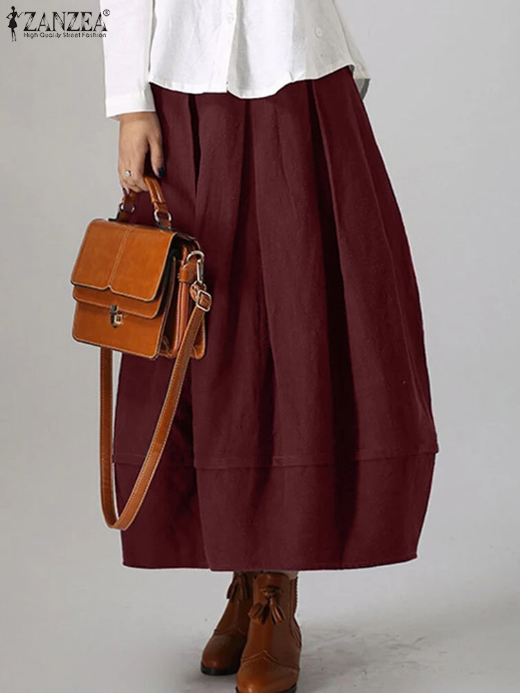 

Fashion Women Spring Long Skirt ZANZEA Back Zipper Side Pockets Pure Cotton Loose Sundress Bohemian Casual Loose Work OL Dress