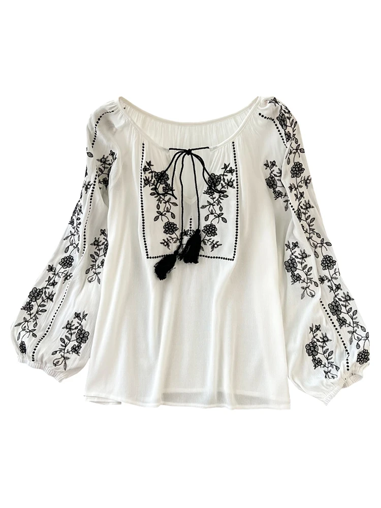 Свободная женская блузка EWQ с вышивкой пуловер на шнуровке воротником и