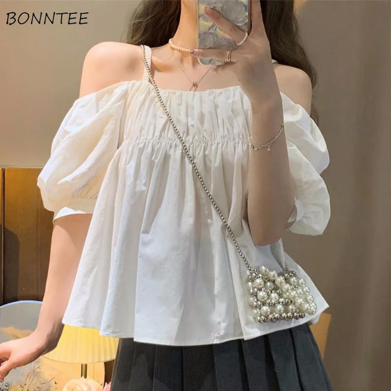

Blouses Women Baggy Chic Ladies Slash Neck Lovely Summer Dating Solid Casual Preppy Style Streetwear Ulzzang Casual Mujer Tops