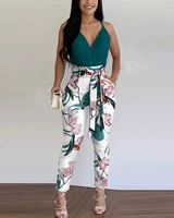 2022 summer new womens casual wear y2k womens 2 piece solid color pleated top floral print pants colorblock belt belt