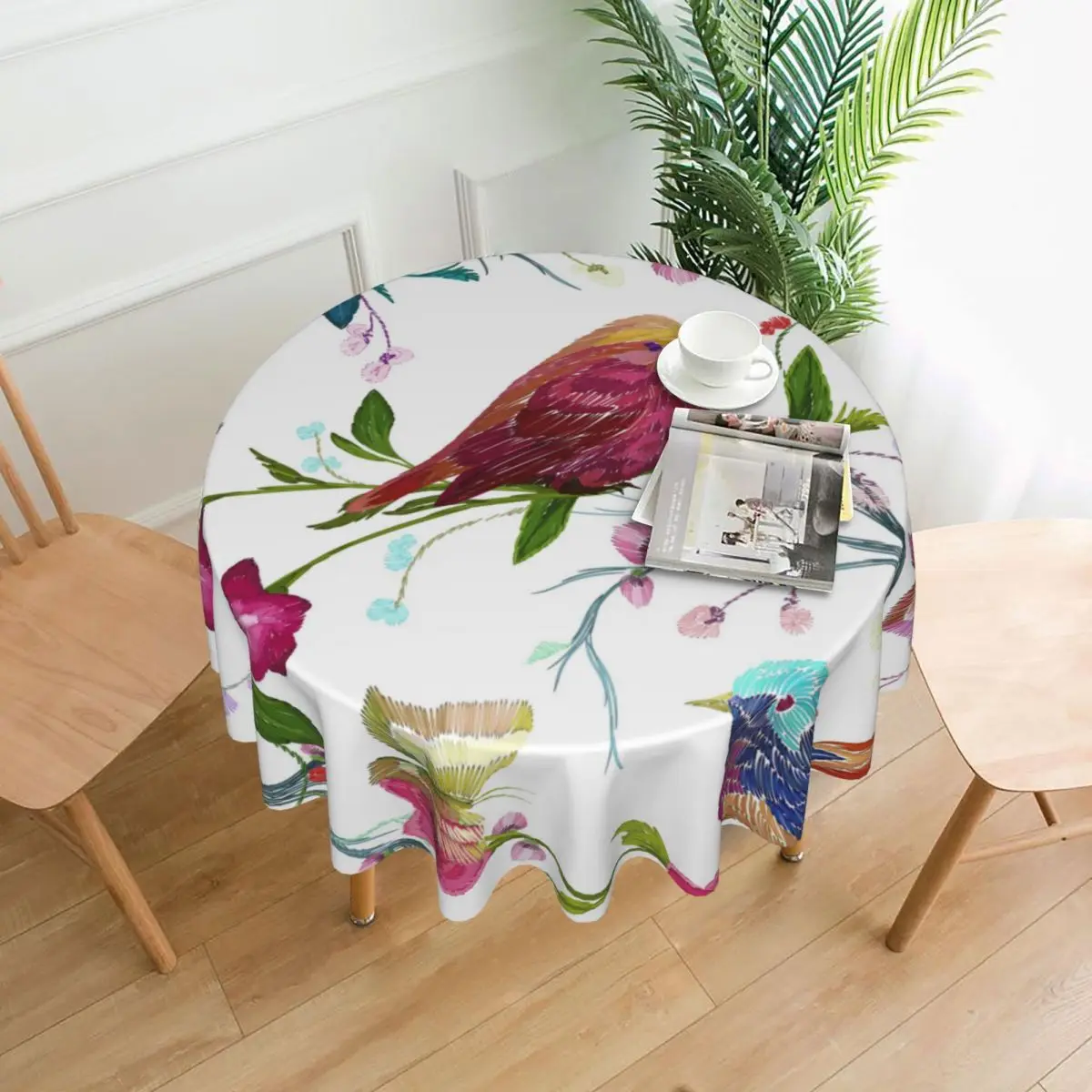 

Watercolor Bird Butterfly And Flower Leaf Tree Branch Round Table Cloth Kitchen Tablecloth Decorative Elegant Fabric Table Cover