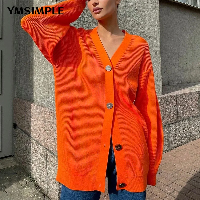 

Korean Style Women's Cardigan Coats Y2K 2022 Spring Loose Knitted Sweater Solid Green Orange Oversize V-neck Chic Top Jersey