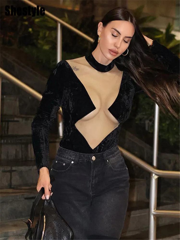 

Shestyle Patchwork Sexy Bodysuit Women Mock Neck Nude Mesh Transparent Black Fantasy Outfit Aesthetic Tees Hot Streetwear 2024