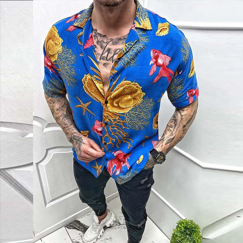 

Oversized Men Short Sleeve Shirts Printed Summer Hawaii Beach American Style Street Fashion Small Fish New Men's Casual Blouse