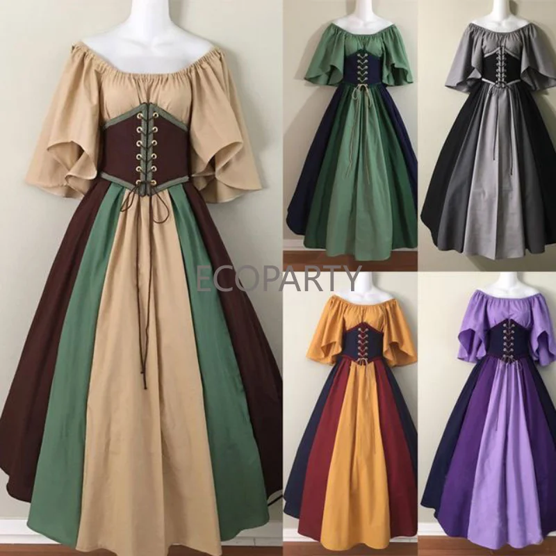 

New Medieval Retro Contrast Color Slim Fit Skirt Flying Sleeves Large Swing Skirt Off Shoulder Dress Women's Costume Performance