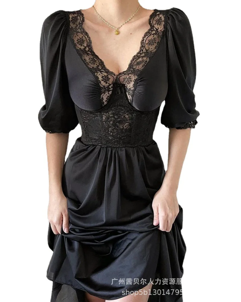 

Женское вечернее платье с кружевным воротником, контрастное кружевное платье Вечерние пышными рукавами и V-образным вырезом, весна-лето 2022