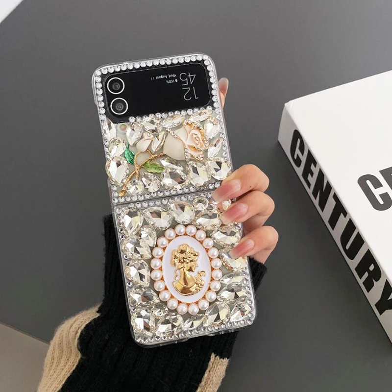

Luxury Rhinestone Rose Flower Phone Case For Samsung Galaxy Z Flip 5 4 3 Pearl Goddess Portrait Water Drop Diamond Clear Cover