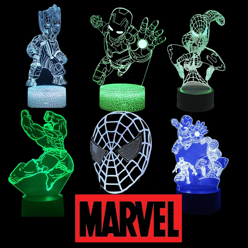 

Ironman Spiderman Hulk Disney Marvel Night Lights Deadpool 3D The Avengers LED Lampara Colorful Visual Bedroom Decor Xmas Gift