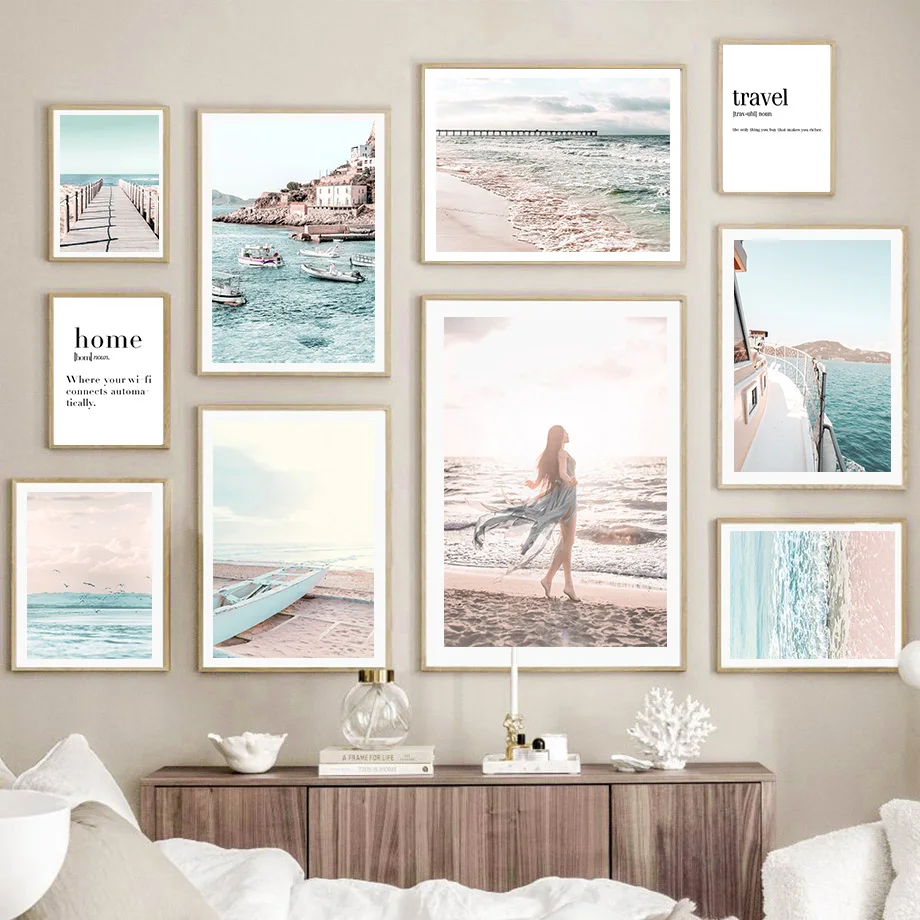 

Beach Girl Sea Waves Bridge Seagull Boat Wall Art Canvas Nordic PostersPainting And Prints Wall Pictures For Living Room Decor