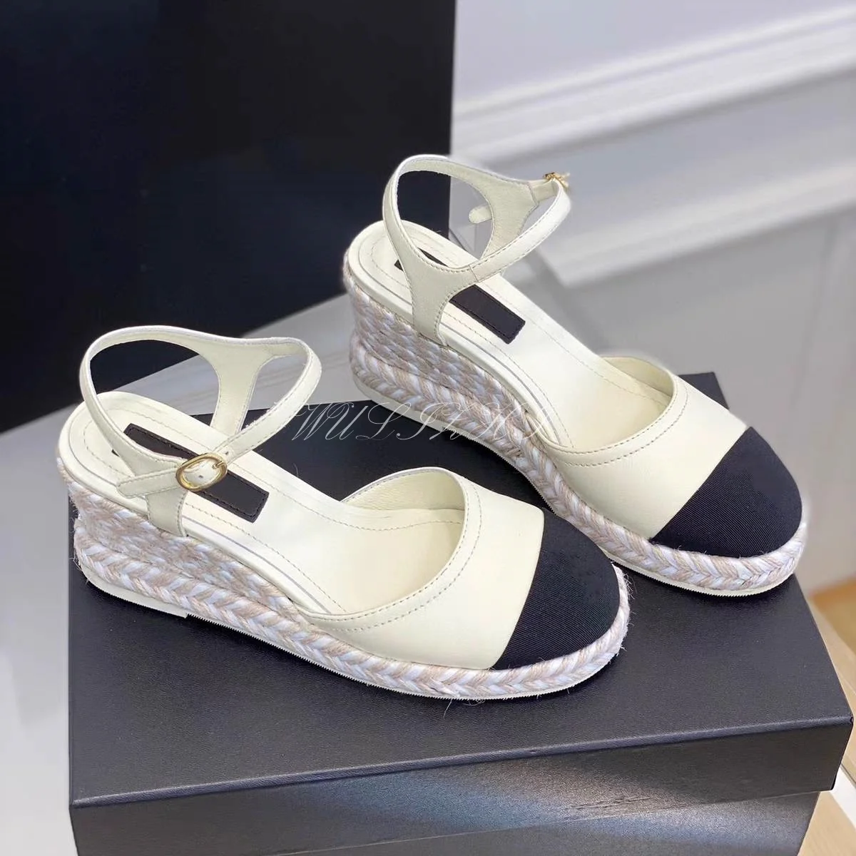 Apricot Wedge Bucket Shoes Leather Suede Black Espadarille Women Braided Round Cover Heel Casual Mixed Colors Sandal Buckle Shoe