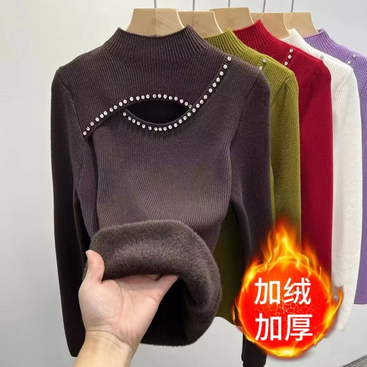 Флисовый свитер с бисером женский осенне-зимний воротником-стойкой толстая