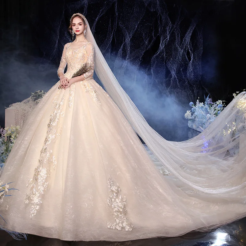 

New Luxury Embroidery Wedding Dress With Appliques O-Neck Romantic Long Train Half Sleeves Robe De Mariée 2022 Custom Ball Gown