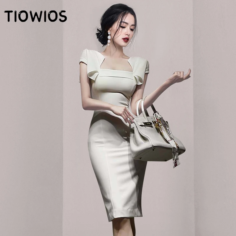 

TIOWIOS 2022 Summer New Korean Version High Sense White Waist Closing Slim Temperament Hip Wrap Professional Dress Women