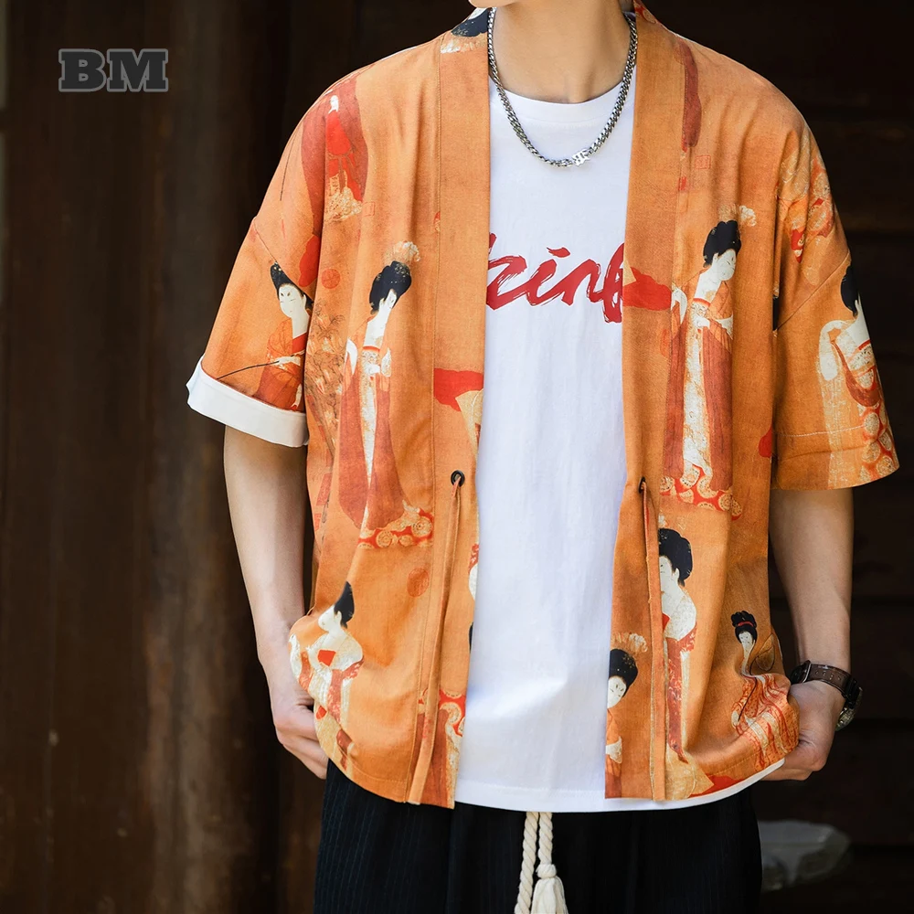 

Summer Print Kimono Unisex Chinese Traditional Dress Plus Size Thin Hanfu Short Sleeve Cardigan Men Clothing Oversized Shirt