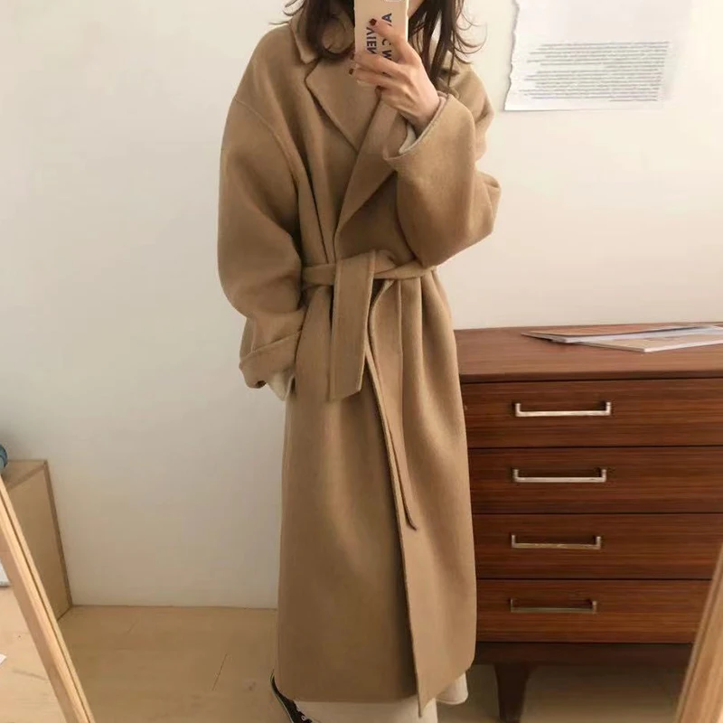 

ZCSMLL Korean Chic Autumn and Winter Vintage British Style Suit Collar Tie Down Waist Slim Over Knee Long Woolen Coat Women