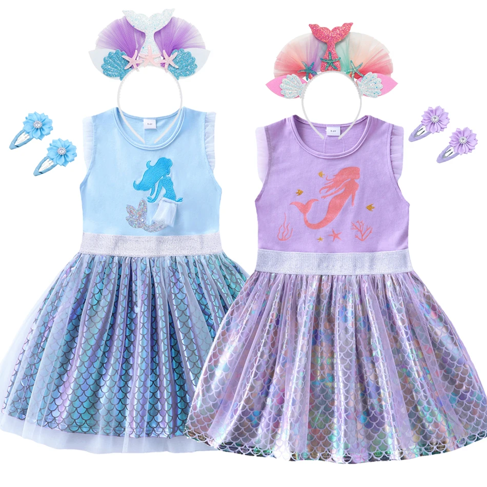 

2023 платье Muababy для маленьких девочек с маленькой русалочкой, фатиновое праздничное причудливое детское пляжное летнее детское платье ариэль