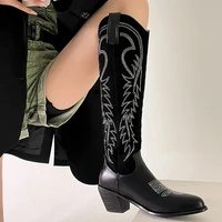 plus size slip on embroidered striped western boots frosted flock splicing pu plush lining 2022 fall new womens knee boots
