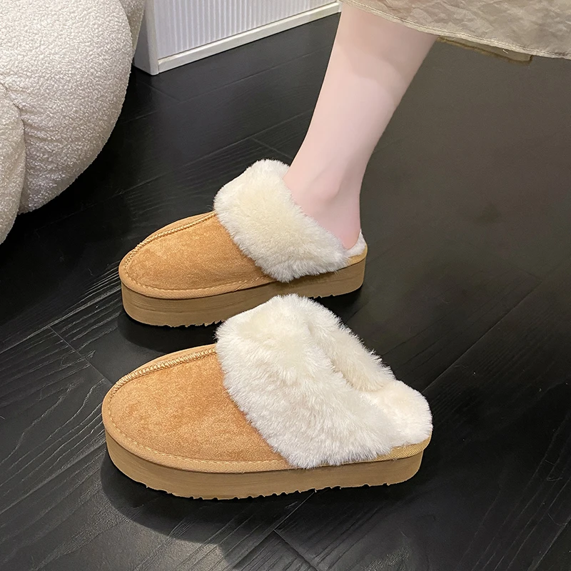 

2023 зимние модные плюшевые хлопковые женские тапочки обувь на плоской подошве домашние замшевые кожаные теплые тапочки с ремешком на плечо