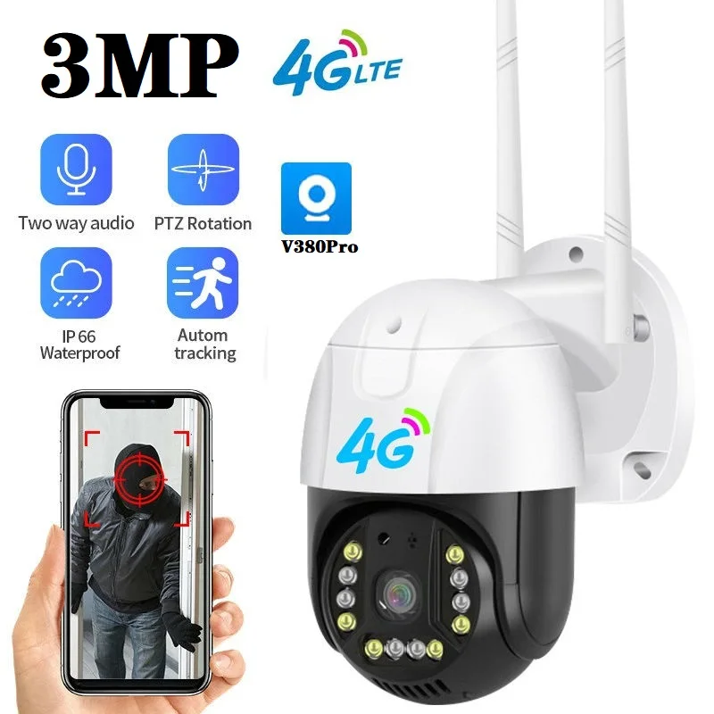 

Камера Наружного видеонаблюдения V380Pro, 4G, 3 Мп, PTZ, SIM-карта, полноцветное ночное видение, датчик движения, автоматическое отслеживание