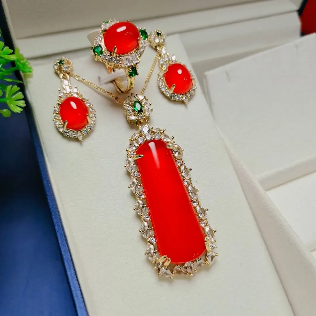 

Natural Red Jade Cylindrical Pendan Necklace With Zircon Emerald Carnelian Dangle Earrings And Rings Women Jades Jewellery Sets