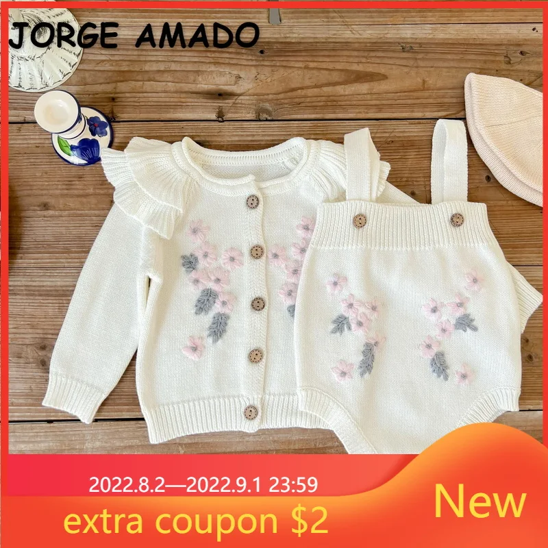 

New Autumn Baby Girl Clothing Sets Long Sleeves White Embroidery Sweater Coat+Sling Bodysuit Child Wool Knit Clothes E0304