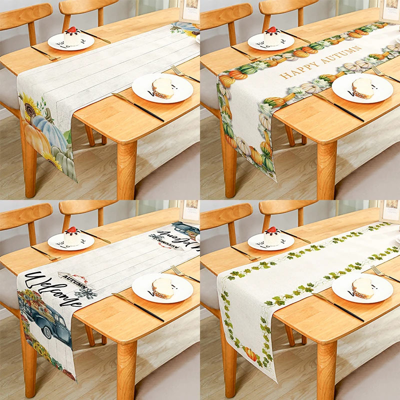 

Happy Autumn Blue Pumpkin Leaves Flowers Linen Table Runner For Home Dining Table Festival Party Décor Multiple Size