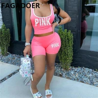 fagadoer sporty pink letter print two piece sets women outfits summer sweatsuits sleeveless crop top shorts sets tracksuits