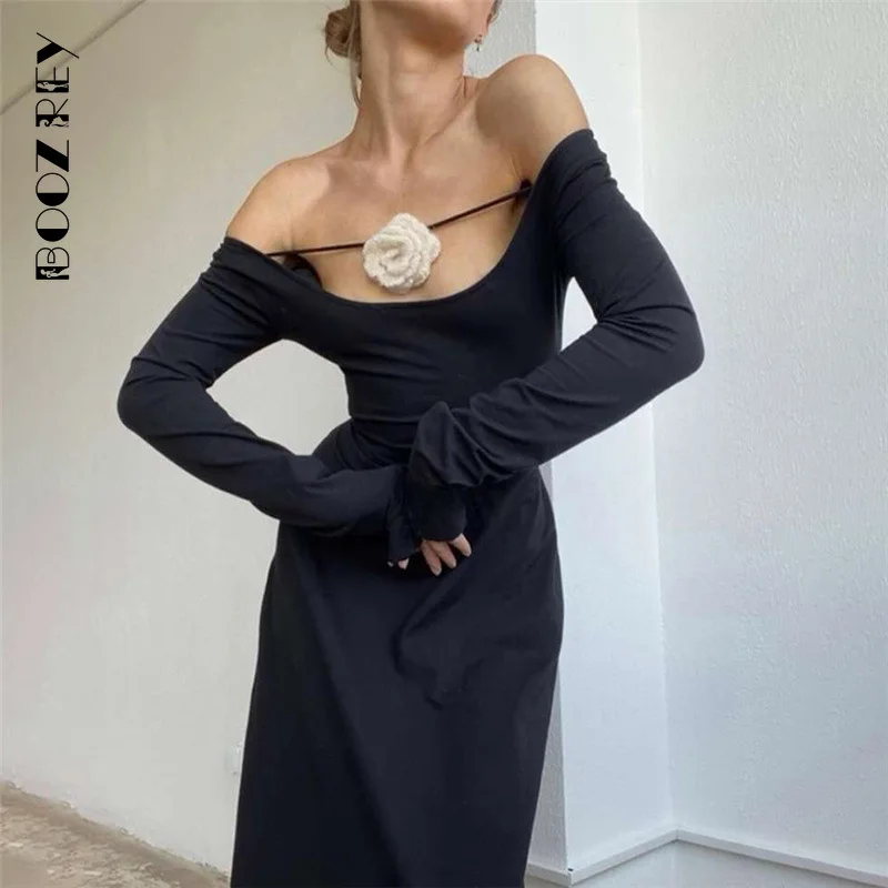 BoozRey женское платье с высокой талией открытыми плечами и длинным рукавом