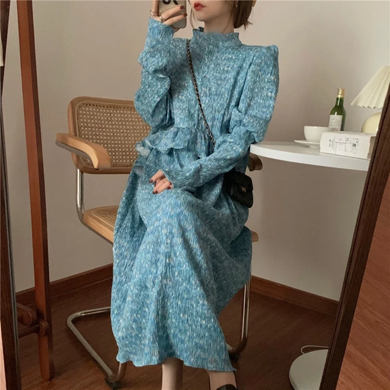 

Women's Floral Ruffled Lantern Sleeve Mid-Length Over-The-Knee-Waist Long Skirt Blue One Size