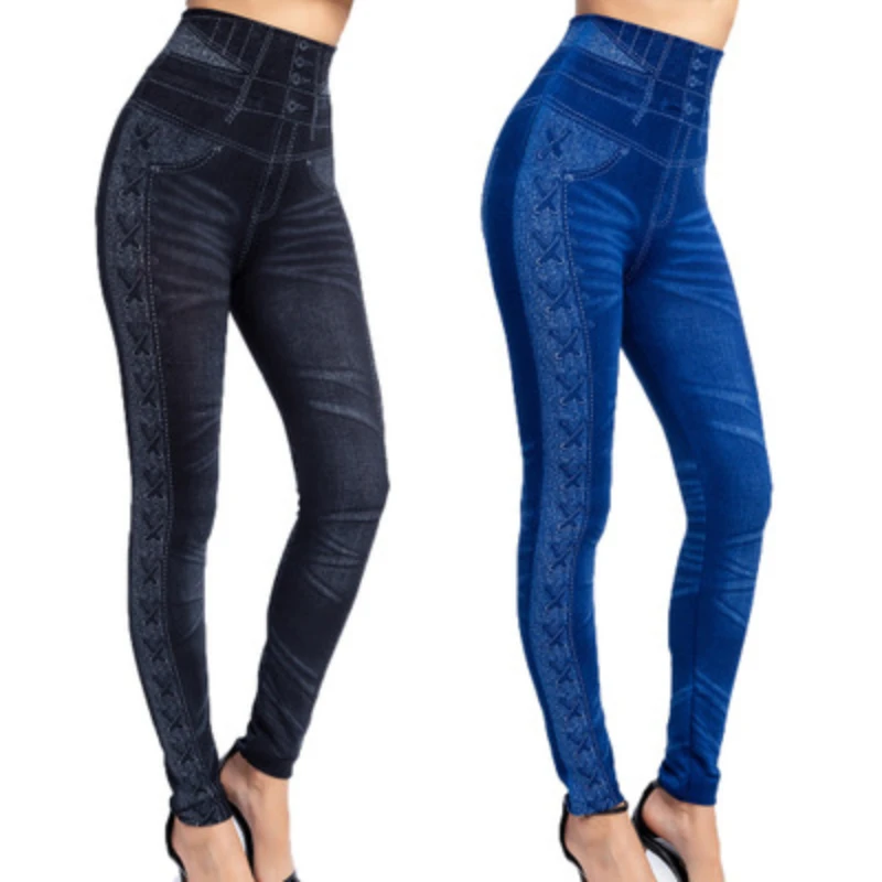 

imitation denim women's Leggings high waist cross border side print hip lifting pants workout leggings