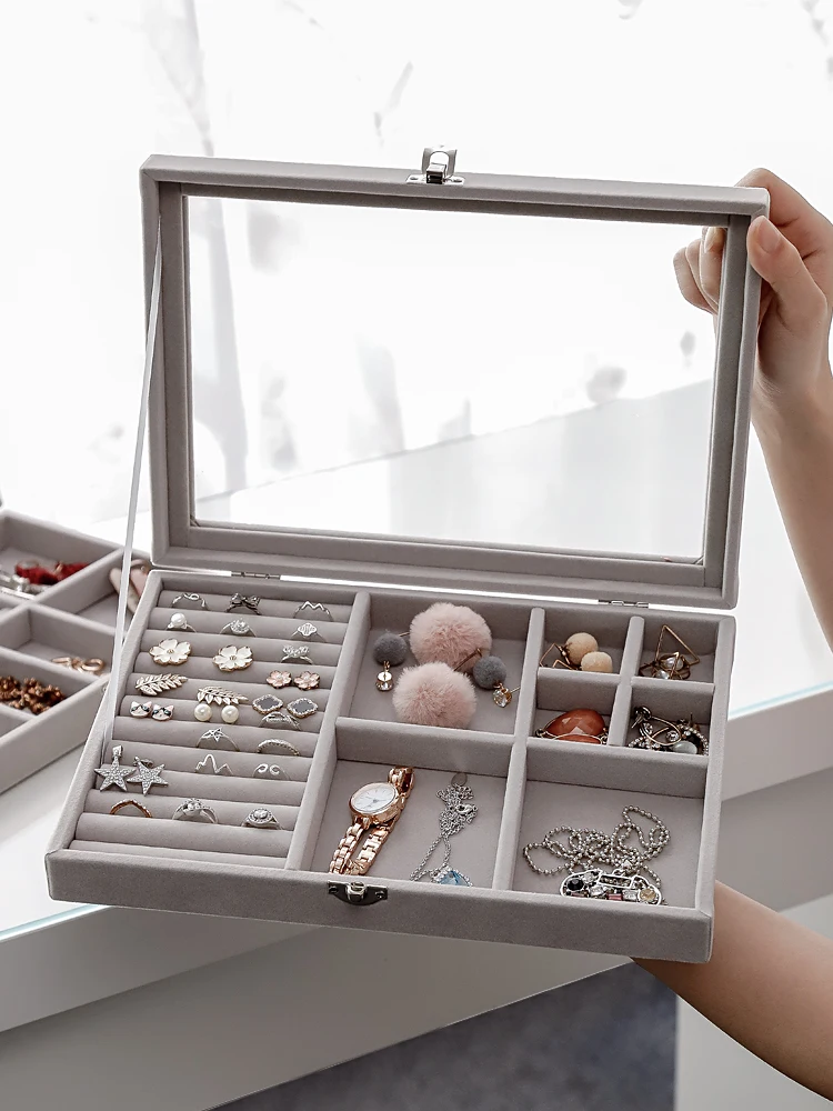 

Dustproof Velvet Earring Jewelry Storage Gift Glass BoxNecklaces Bracelets Ear Clip Ring Packing Organizer Adornments Display