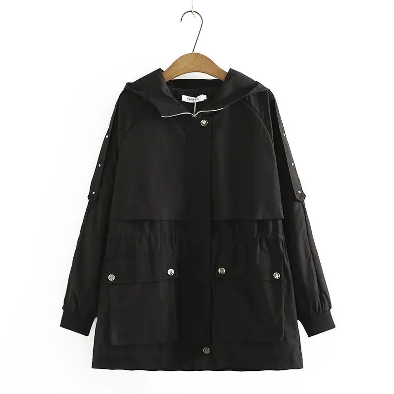 

2022 New Spring Trench Coat Women Hooded Windbreaker Tooling Long Loose Zipper Autumn Cardigan Black Fashion Outerwear Female