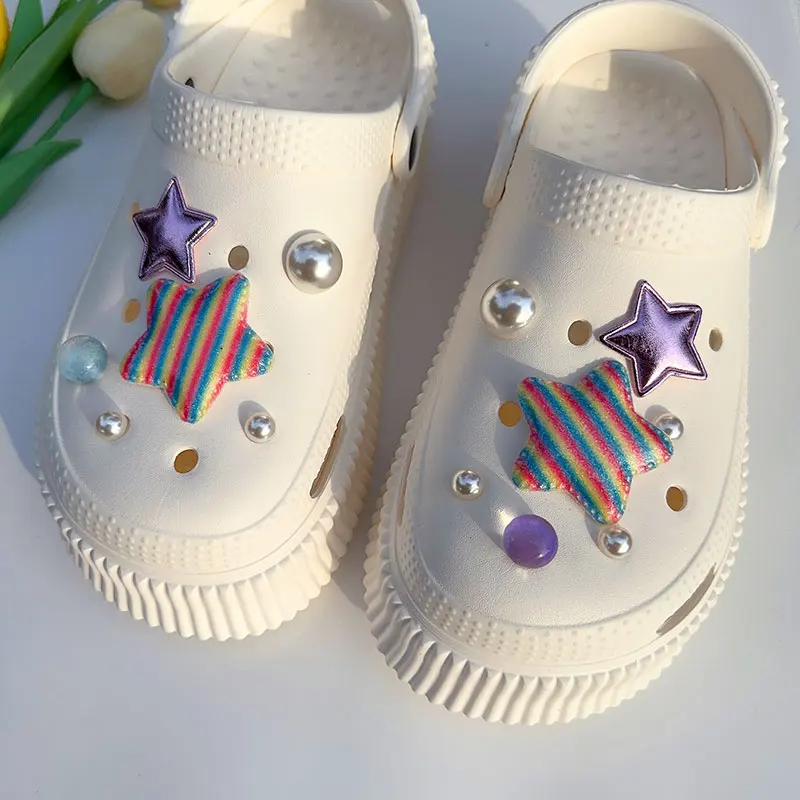 Rainbow Stripe Stars Shoes Charms Pack Vintage Romantic Purple Starry Sky Pearls Clogs Y2K Accessories Shoe Adornment Jewelry