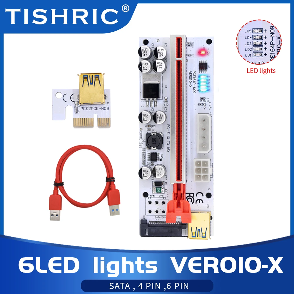 

Подъемник TISHRIC Pcie 010, флешка 3 в 1 с интерфейсом USB3.0, PCI-E 16x, большая Райзер SATA, 4PIN, 6PIN, карта Райзера для майнинга биткоинов