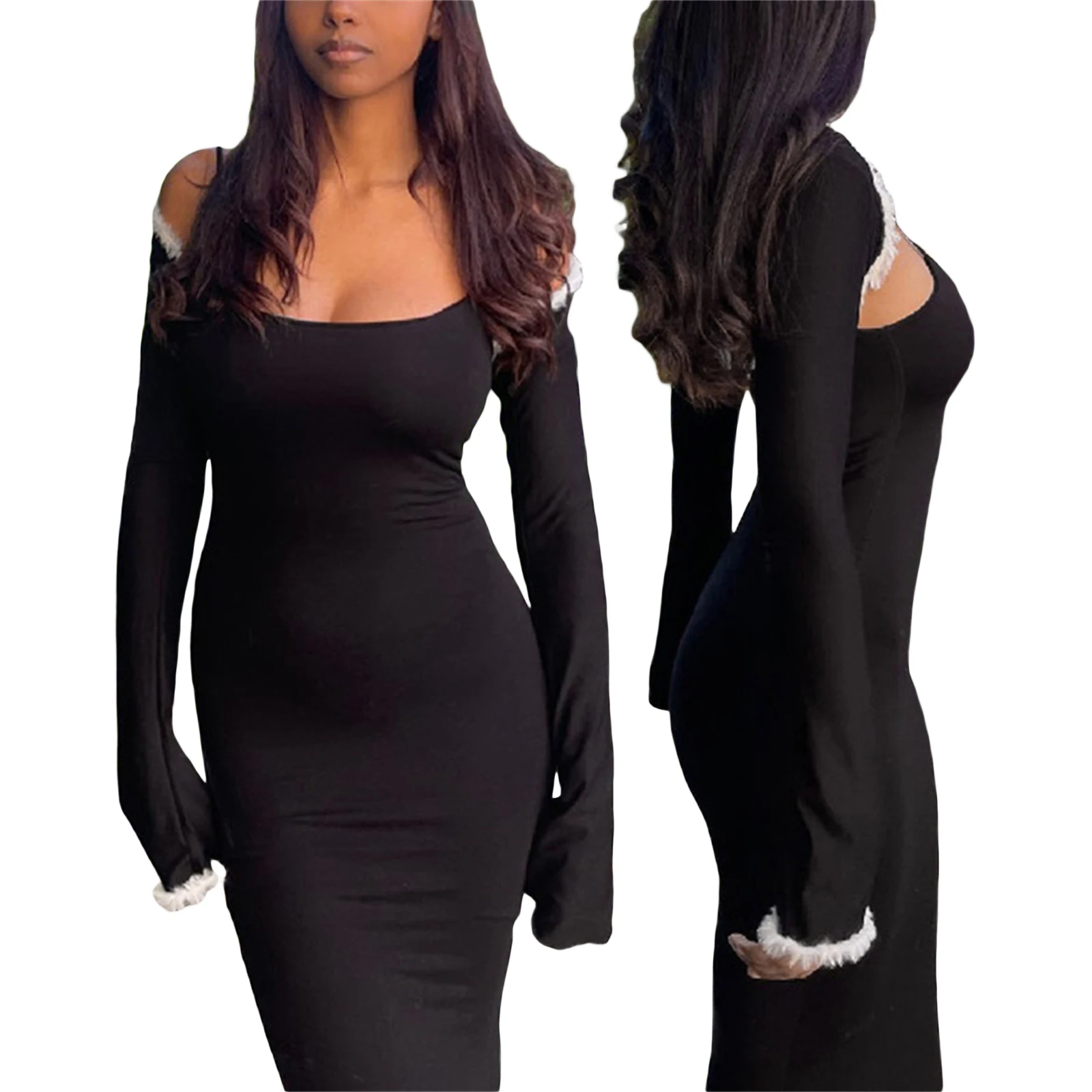

Women Spaghetti Strap Dress Casual Solid Color Sleeveless Dress and Plush Long Sleeve Shrug for Beach Nightclub