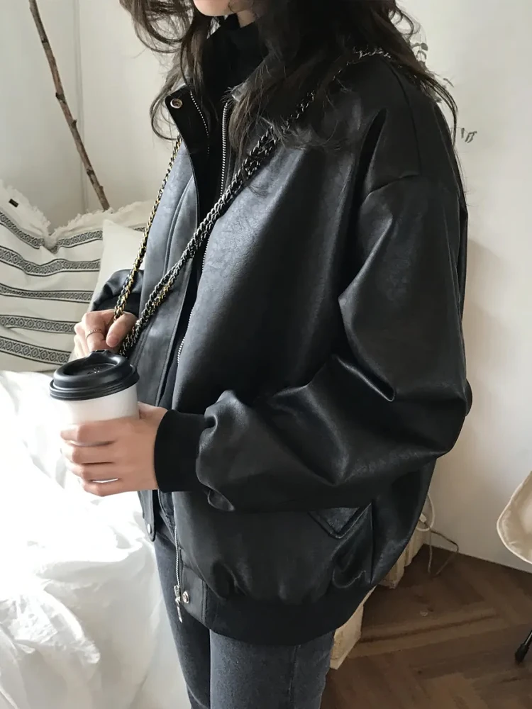 Black Korean Fashion Leather Jacket Women Winter Loose Outwear Moto Biker Zipper Coat Female Streetwear Warm Faux Leather Jacket