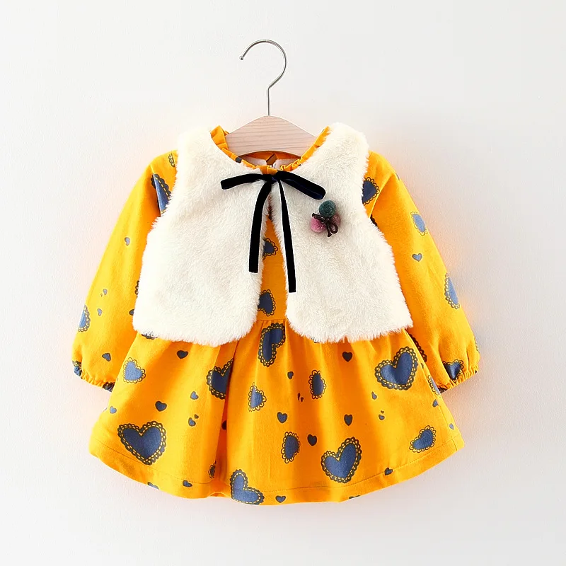 

Winter Fleece warmth Baby Dresses Long Sleeve Solid Korean Girls Dress + vest 2pcs Newborn Toddler Girls Clothes