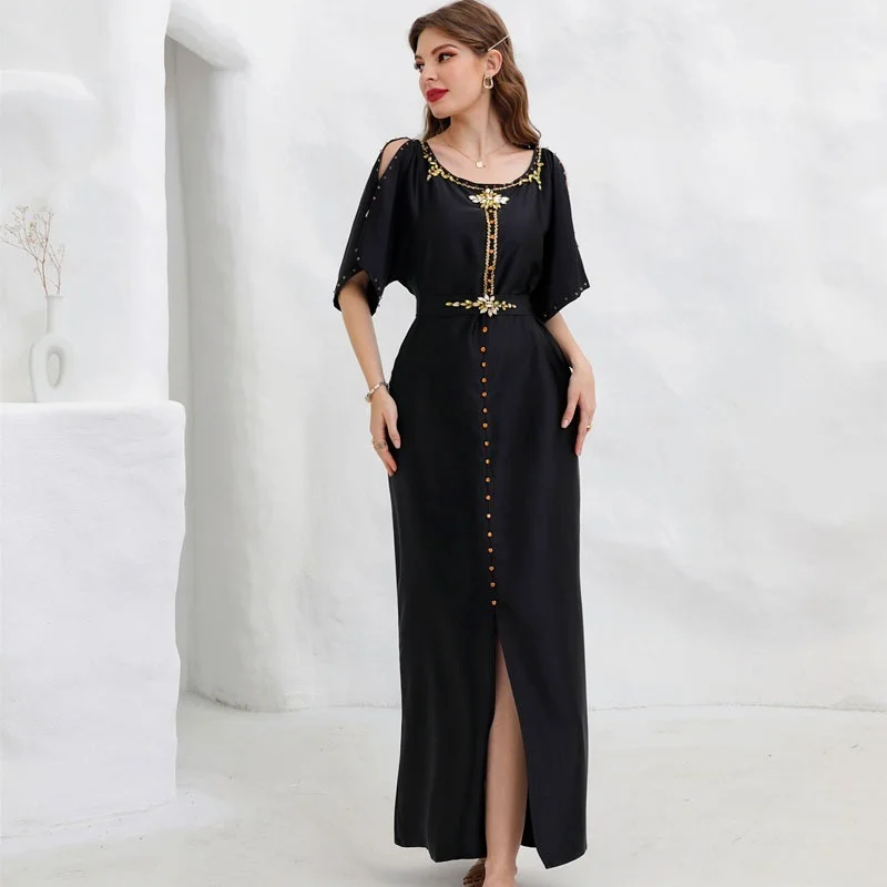 Rhinestones Satin Party Dress Moroccan Kaftan Women Fashion Handwork Muslim Abaya with Belt Evening Gown Middle East Arabic Oman